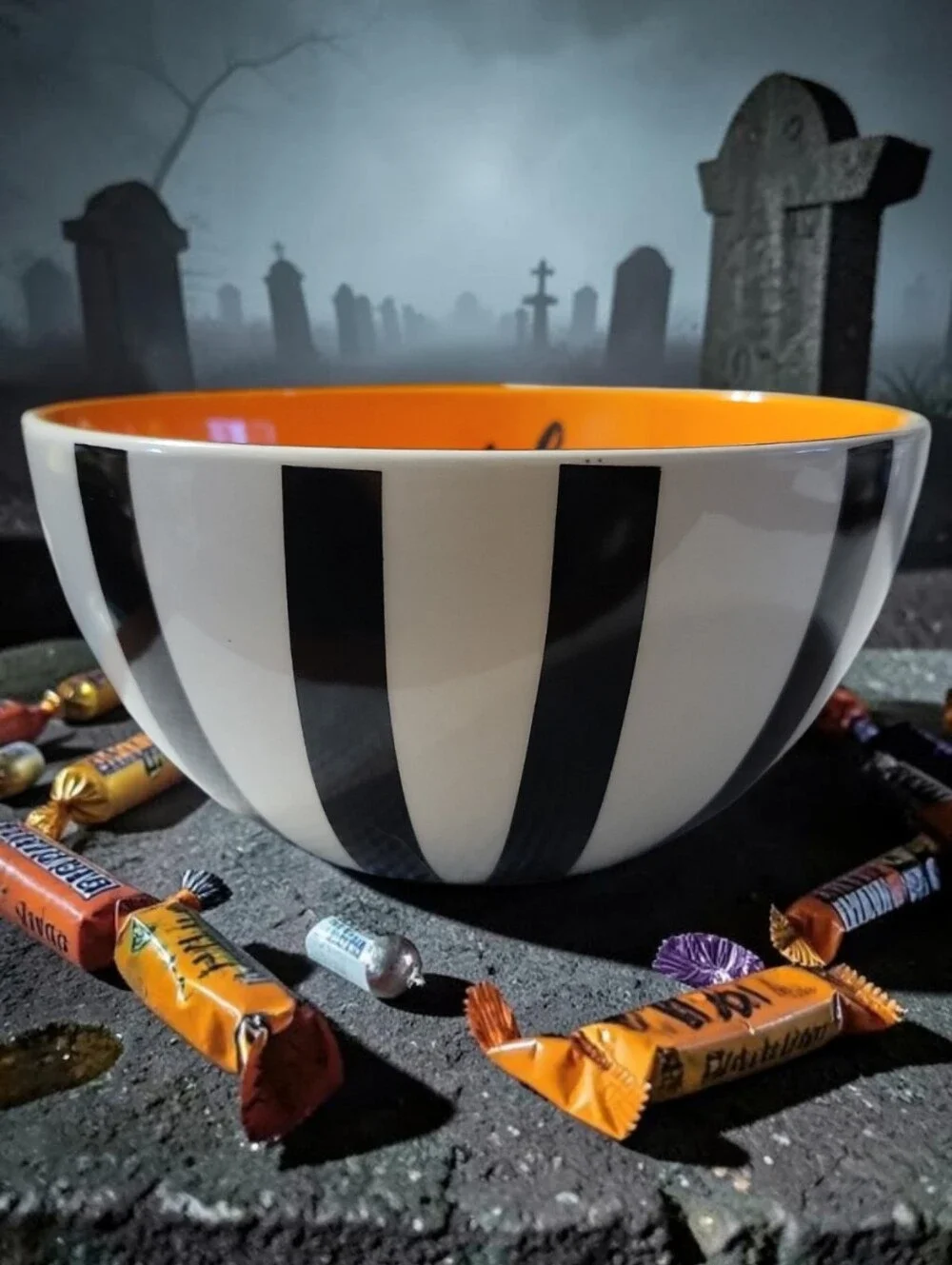 Witch Better Have My Candy Ceramic Halloween Candy Bowl Gold Rim Black Stripes